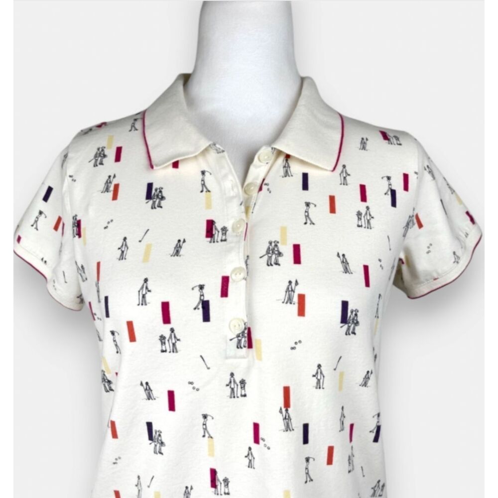 Y2K Novelty Golf Print Polo Shirt Sz S Cotton Graphic Colorblock Womens Vintage